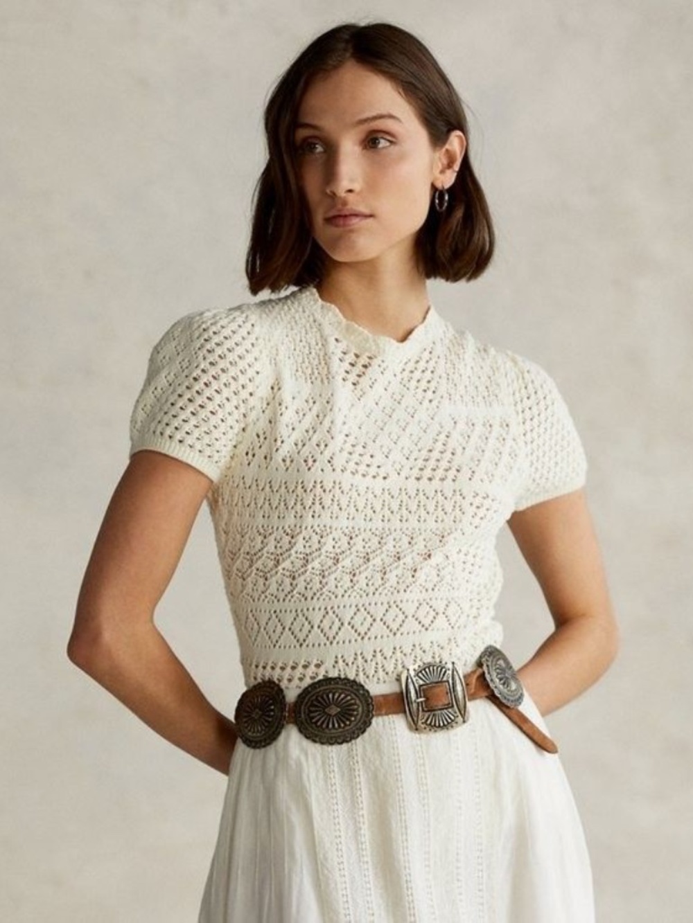 Polo Ralph Lauren Pointelle Cotton Puff Sleeve Top White